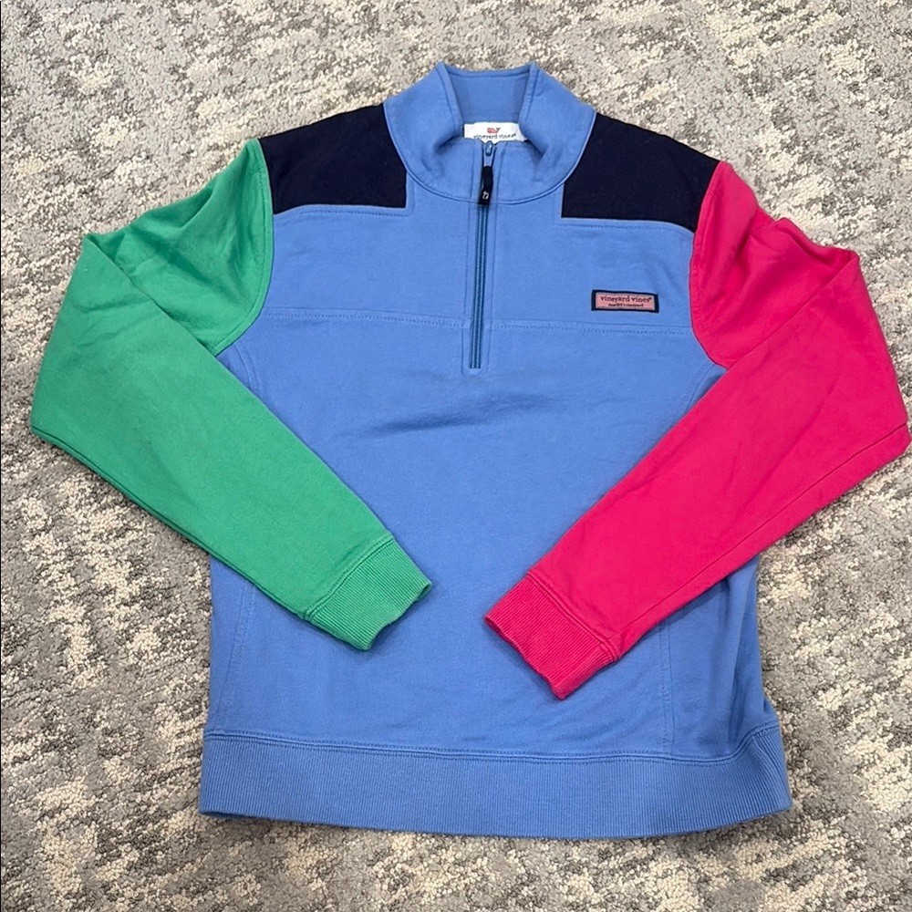 Vineyard Vines Blue and Green Colorblock Quarter-Zip Sweatshirt